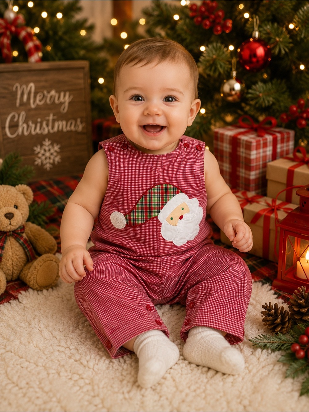 Baby 9month Red Santa Appliqué Baby One-Piece Gingham Overalls Bodysuit